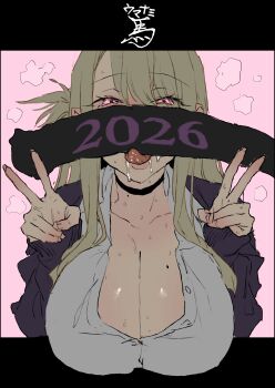 1girl 2026 absurdres animal_penis black_choker blonde_hair breasts choker cleavage commentary_request double_v drooling highres horse_penis imminent_fellatio large_breasts long_hair mole oral original penis pink_background pink_eyes poriuretan shirt sweatdrop tongue tongue_out v white_shirt