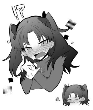 !? 1girl absurdres blush buttons closed_eyes commentary_request fate/stay_night fate_(series) greyscale hair_ribbon hands_up head_only highres long_hair long_sleeves looking_at_viewer monochrome multiple_views open_mouth ribbon squiggle sweater tohsaka_rin twintails two_side_up u-sora
