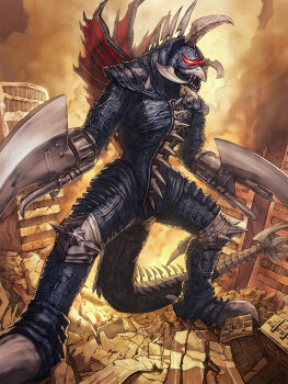 Rule 34 | alien, building, buzzsaw (tool), city, cyborg, destruction, epic, fins, fire, gigan, glowing, glowing eyes, godzilla: final wars, godzilla (series), highres, kaiju, mandibles, no humans, one-eyed, red eyes, road, scythe, skyscraper, smoke, space monster, tail, toho, trident tail, yagi2013