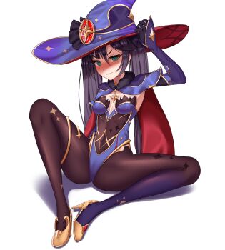 1girl @_@ absurdres black_gloves blue_leotard blush bodystocking breasts cape commentary detached_sleeves full_body genshin_impact gloves hat high_heels highres leotard mona_(genshin_impact) petite pietrosatou sitting small_breasts smile solo spread_legs strapless strapless_leotard sweat twintails two-sided_cape two-sided_fabric wavy_mouth witch_hat