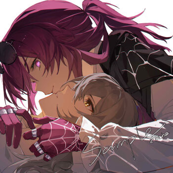 2girls chinese_commentary closed_mouth commentary_request eyewear_on_head glasses gloves grey_hair highres honkai:_star_rail honkai_(series) kafka_(honkai:_star_rail) long_hair multiple_girls parted_lips ponytail purple_eyes purple_gloves purple_hair shirt simple_background smile stelle_(honkai:_star_rail) trailblazer_(honkai:_star_rail) white_background white_shirt xianyuqihaouki yellow_eyes yuri