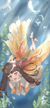 1girl absurdres bare_shoulders bead_bracelet beads blunt_bangs bracelet brown_eyes brown_hair bubble coattails collarbone commentary_request detached_sleeves dot_nose double_bun dress dress_ribbon eyelashes floating_hair floating_silk_(shining_nikki) full_body hair_beads hair_bun hair_ornament hair_ribbon halter_dress halterneck hands_on_own_cheeks hands_on_own_face highres jewelry kohanai_setsuna light_blush light_particles light_rays long_hair low-tied_sidelocks medium_dress multiple_bracelets nikki_(series) open_mouth orange_dress orange_ribbon orange_sleeves orange_wrist_cuffs pleated_sleeves red_ribbon ribbon seaweed see-through_clothes see-through_sleeves shining_nikki short_sleeves sidelocks single_wrist_cuff smile solo swimming teeth underwater very_long_hair wrist_cuffs