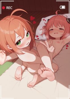 2girls absurdres age_difference ahoge ai-assisted anya_(spy_x_family) armpits arms_behind_head arms_up ass bedroom bisexual_female blush bob_cut breasts camera close-up completely_nude crossed_bangs cum cum_on_body cum_on_fingers cum_on_hands cumdrip embarrassed eyebrows_hidden_by_hair feet feet_up female_focus flat_chest freckles from_above green_eyes grinding hair_between_eyes happy happy_sex heart heart-shaped_pupils heavy_breathing height_difference highres hina_kurosawa huge_penis kneepits knees_up legs_up loli long_bangs looking_at_another looking_up lying messy_hair multiple_girls nail_polish nipples nude oc_x_canon on_back on_bed open_mouth orange_hair original paid_reward_available pale_skin penis perky_breasts perspective pink_hair pov presenting puffy_nipples recording self-upload sex short_hair shy small_breasts spy_x_family symbol-shaped_pupils testicles thighs toes tongue tribadism wavy_mouth yuri