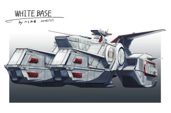 absurdres artist_name border commentary_request commission dated earth_federation_space_forces gradient_background gundam helicalk highres military_vehicle mobile_suit_gundam no_humans outside_border pixiv_commission science_fiction spacecraft vehicle_focus vehicle_name white_base white_border