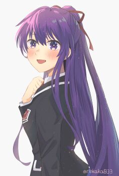 1girl absurdres black_jacket blazer blush collared_shirt date_a_live from_side grey_background hand_on_own_chest highres jacket kyoraku_(weng3133) long_hair looking_at_viewer open_mouth ponytail purple_hair school_uniform shirt smile solo twitter_username upper_body very_long_hair white_shirt yatogami_tohka