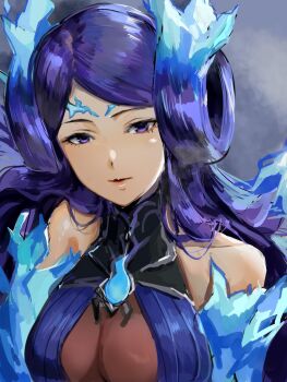 1girl 4me3ba_niku breasts brighid_(xenoblade) closed_mouth commentary_request curly_hair eyelashes fiery_hair grey_background highres large_breasts looking_at_viewer purple_eyes purple_hair solo unusually_open_eyes upper_body xenoblade_chronicles_(series) xenoblade_chronicles_2