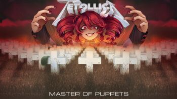 1girl album_cover album_cover_redraw album_name buttons chanpotei commentary cover derivative_work dog_tags drill_hair english_commentary grass grey_jacket hair_ribbon helmet highres jacket kasane_teto kasane_teto_(sv) logo_parody master_of_puppets metallica outdoors parody red_eyes red_hair red_sky ribbon shaded_face sharp_teeth sky string synthesizer_v teeth tombstone twin_drills white_ribbon youtube_video_thumbnail