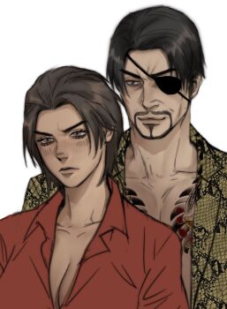 1boy 1girl black_hair blush breasts brown_hair cleavage commentary curtained_hair english_commentary eyepatch genderswap genderswap_(mtf) grey_eyes highres irezumi kiryu_kazuma large_breasts majima_goro male_focus portrait red_shirt ryuu_ga_gotoku_(series) ryuu_ga_gotoku_1 shirt short_hair snake_print sotenborinpc tattoo undercut
