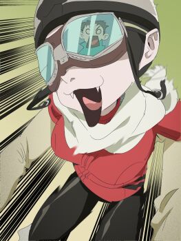 Rule 34 | 1boy, 1girl, black pants, breasts, fangs, flcl, goggles, haruhara haruko, helmet, highres, medium breasts, nandaba naota, open mouth, pants, pink punk ponk, reflection, retro artstyle, tongue