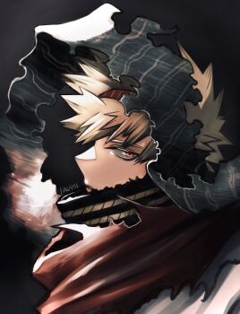 1boy bakugou_katsuki blonde_hair boku_no_hero_academia commentary_request from_side highres hood hood_up kg_kirakira looking_to_the_side male_focus orange_eyes parted_lips profile red_scarf scarf sideways_glance solo spiked_hair torn_clothes