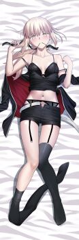 1girl absurdres artoria_pendragon_(fate) bed_sheet belt black_bra black_garter_belt black_pants black_shorts blonde_hair blush bra breasts camisole cleavage closed_mouth collarbone dakimakura_(medium) fate/grand_order fate_(series) full_body garter_belt highres long_hair longdq3008 looking_at_viewer low_ponytail lying official_alternate_costume open_clothes panties pants panty_pull ponytail ribbon saber_alter saber_alter_(ver._shinjuku_1999) shoes shorts socks solo thighhighs underwear white_belt yellow_eyes