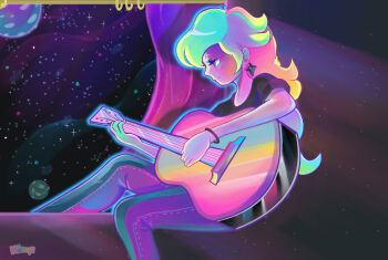 1girl artist_name black_shirt blonde_hair bracelet casual closed_mouth commentary curtains earrings english_commentary eyelashes guitar holding holding_guitar holding_instrument instrument jewelry long_hair long_sleeves mario_(series) music nat0rii nintendo official_alternate_costume pants planet playing_instrument rosalina shirt short_sleeves smile solo space star_(sky) star_(symbol) star_earrings super_mario_odyssey window