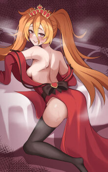Rule 34 | 1girl, absurdres, back, back focus, bed, black thighhighs, blush, commentary request, crown, dress, duel masters, gloves, hair between eyes, highres, indoors, long hair, looking at viewer, looking back, nekohitsuj96199, open clothes, open mouth, orange hair, queen lupia (duel masters), red dress, red eyes, red gloves, solo, steaming body, sweat, sweatdrop, thighhighs, twintails
