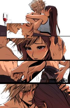 ... 1boy 1girl absurdres arm_around_neck bare_arms bare_shoulders black_hair blonde_hair blush breasts breath brown_hair close-up closed_eyes cloud_strife commentary couple crop_top cup facing_away final_fantasy final_fantasy_vii final_fantasy_vii_remake hand_blush hand_in_another's_hair hand_on_another's_crotch hand_on_another's_head heart hetero highres hug kiss large_breasts long_hair looking_at_another motion_lines multiple_views parted_lips red_eyes safaia saliva saliva_trail sequential spiked_hair sweatdrop symbol-only_commentary tank_top tifa_lockhart topless_male undressing_another unzipping upper_body white_tank_top