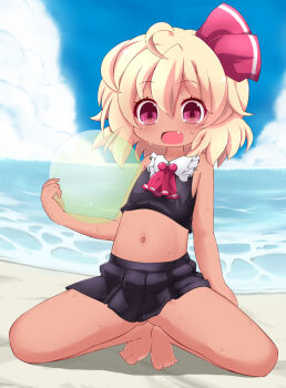 1girl alternate_skin_color ball bare_shoulders barefoot beach beachball black_skirt blonde_hair blue_sky cloud commentary_request commission crop_top dark-skinned_female dark_skin day full_body holding holding_ball holding_beachball horizon kneeling large_variant_set looking_at_viewer midriff miniskirt muuba navel ocean open_mouth outdoors red_eyes rumia short_hair skeb_commission skirt sky smile solo spread_legs sweat tan tiptoes touhou variant_set water