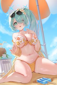 1girl absurdres aqua_hair beach_umbrella bikini blue_archive blue_sky blush breasts cardigan cloud cloudy_sky coconut_cup day eyewear_on_head fingernails flower food green_eyes hair_flower hair_ornament hair_over_one_eye highres hiyori_(blue_archive) hiyori_(swimsuit)_(blue_archive) kururu_(qqqqq59508750) large_breasts looking_at_viewer navel ocean official_alternate_costume open_cardigan open_clothes open_mouth orange_bikini popsicle side_ponytail sitting sky solo stomach sunglasses swimsuit thighs umbrella under_umbrella underboob wariza wet yellow_cardigan