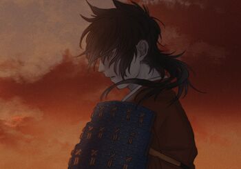 1boy black_hair character_request commentary_request evening from_side ichino_(1no) japanese_clothes kimono long_hair lowres male_focus orange_sky outdoors portrait red_kimono sky solo touken_ranbu
