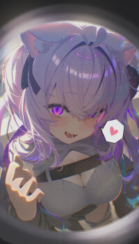 1girl absurdres ahoge animal_ear_fluff animal_ears blush breasts cat_ears cat_girl cat_tail cleavage cleavage_cutout clothing_cutout commentary_request fang grey_sweater hair_between_eyes hair_intakes heart highres hololive large_breasts long_hair looking_at_viewer nekomata_okayu open_mouth purple_eyes purple_hair smile solo speech_bubble spoken_heart sweater tail virtual_youtuber yusha_(lv1_yusha_522)