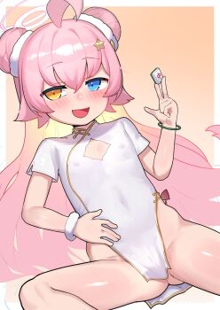 1girl :d ahoge blue_archive blue_eyes blush border cameltoe china_dress chinese_clothes cleavage_cutout clothing_cutout covered_erect_nipples covered_navel crossed_bangs double-parted_bangs double_bun dress fang feet_out_of_frame flat_chest gluteal_fold gradient_background hair_between_eyes hair_bun hair_ornament halo hand_up heterochromia holding hoshino_(blue_archive) hoshino_(flowery_charms)_(blue_archive) leonat loli long_hair looking_at_viewer mahjong mahjong_soul mahjong_tile no_panties official_alternate_costume open_mouth pelvic_curtain pink_hair pink_halo short_sleeves side_slit skin_fang smile solo spread_legs star_(symbol) star_hair_ornament very_long_hair white_border white_dress yellow_eyes