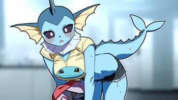 1girl bent_over black_sclera blue_skin blush breasts colored_sclera colored_skin cutoff_jeans cutoffs denim denim_shorts fins fish_girl gen_1_pokemon grey_shorts hakkimanime head_fins highres holding holding_unworn_clothes large_breasts looking_at_viewer midriff nintendo open_mouth pokemon pokemon_(creature) print_shirt screencap shirt short_shorts short_sleeves shorts solo squirtle surprised sweat t-shirt vaporeon white_eyes yellow_shirt