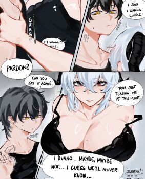 1boy 1girl black_hair blush bra breasts collarbone commentary english_commentary grey_hair highres horns huge_breasts jewelry kakesu2396 long_hair male_rover_(wuthering_waves) red_eyes rover_(wuthering_waves) underwear wuthering_waves yellow_eyes zani_(wuthering_waves)