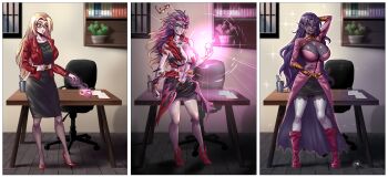 1girl absurdres black_pantyhose black_skin blonde_hair blue_eyes bookshelf boots breasts cleavage_cutout clothing_cutout colored_skin commission dark_elf dice earrings elf exploding_clothes glasses high_heels highres holding jacket jewelry large_breasts long_hair office_lady opcrom open_mouth original pantyhose parted_lips pointy_ears polyhedral_dice purple_eyes red_footwear red_jacket sequential smile sparkle table transformation very_long_hair