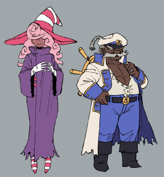 1boy 1girl admiral_bobbery anchor_symbol big_nose black_boots blue_pants blush_stickers boots braid braided_ponytail coat collared_shirt commentary curly_hair dark-skinned_female dark-skinned_male dark_skin dress english_commentary facial_hair facing_viewer fuse gloves gold_buckle grey_hair hair_over_eyes hand_on_belt hand_up hat hat_over_one_eye high_collar highres humanization jewelry kaibootsu knee_boots long_dress long_hair long_mustache long_sleeves looking_at_viewer mario_(series) mustache nintendo own_hands_together pants paper_mario paper_mario:_the_thousand-year_door partially_unbuttoned patchwork_clothes pectoral_cleavage pectorals personification pink_hair ponytail purple_dress ring sailor sailor_hat ship&#039;s_wheel shirt silver_ring smile steepled_fingers striped_clothes striped_hat striped_headwear striped_shoes thick_mustache torn_clothes torn_dress two-tone_headwear very_dark_skin vivian_(paper_mario) wavy_mouth white_coat white_gloves white_shirt wide_sleeves witch_hat yellow_eyes