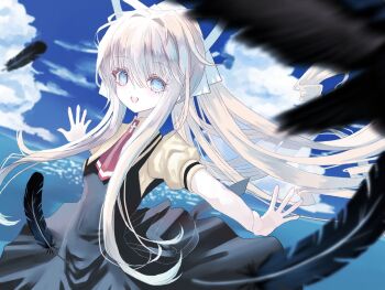 Rule 34 | 1girl, air (visual novel), ascot, black dress, blonde hair, blue eyes, blush, brooch, cloud, cross brooch, day, dress, falling feathers, feathers, floating hair, hair between eyes, hair intakes, hair ribbon, highres, jewelry, kamio misuzu, long hair, looking at viewer, naoru (sweeteden98), ocean, open mouth, outstretched arms, ponytail, puffy short sleeves, puffy sleeves, red ascot, ribbon, school uniform, shirt, short sleeves, sidelocks, sky, smile, solo, very long hair, white ribbon, yellow shirt