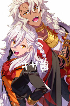 1boy 1girl arm_tattoo ascot asymmetrical_bangs black_jacket braid breasts brooch collared_dress commentary_request dark-skinned_male dark_skin dress echo_(circa) fate/grand_order fate_(series) grey_hair jacket jewelry long_hair long_sleeves looking_at_viewer medium_breasts multicolored_jacket neck_ring olga_marie_animusphere open_mouth orange_eyes orange_jacket robe sash sharp_teeth side_braid solomon_(fate) tattoo teeth translation_request two-tone_jacket white_dress white_robe