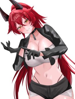 adjusting_clothes adjusting_gloves alternate_costume bandeau black_choker black_gloves black_jacket black_shorts blush breasts choker cleavage commentary_request exposed_pocket gloves goddess_of_victory:_nikke grin hair_between_eyes high_ponytail highres horns jacket long_hair looking_at_viewer midriff navel panty_straps ponytail red_hair red_hood_(nikke) short_shorts shorts smile tato0324iti white_bandeau yellow_eyes