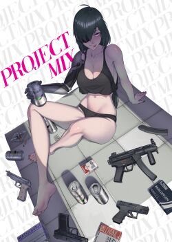 Rule 34 | 1girl, absurdres, alcohol, ammunition box, bare legs, barefoot, beer, beer can, black bra, black panties, blush, bra, breasts, can, cigarette, cigarette holder, cigarette pack, drink can, drunk, eyepatch, feet, green nails, gun, handgun, highres, large breasts, looking at viewer, magazine (weapon), mature female, mp5k, nail polish, on floor, original, panties, project mix, prosthesis, prosthetic arm, puto trash, sitting, smile, soles, thighs, tile floor, tiles, toes, tongue, tongue out, underwear, underwear only, weapon