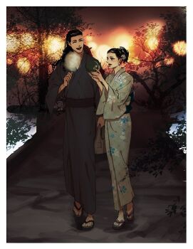 Rule 34 | 1boy, 1girl, aleph (megami tensei), bag, beth (megami tensei), black hair, black kimono, blush, closed eyes, commentary request, cotton candy, earrings, floral print, floral print kimono, flower, food, forest, full body, green kimono, green nails, hair flower, hair ornament, holding, holding bag, holding cotton candy, holding food, holding stuffed toy, japanese clothes, jewelry, kimono, long hair, nature, night, o c x, ponytail, print kimono, sandals, shin megami tensei, shin megami tensei ii, smile, stuffed animal, stuffed toy, summer festival, walking