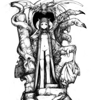 1girl breasts closed_mouth column commentary_request demon_girl disembodied_hand expressionless faux_figurine giant_hand greyscale horns looking_at_viewer melting monochrome naked_robe navel open_clothes open_robe original pillar pon_(tab_rasa) robe simple_background small_breasts solo standing thighhighs