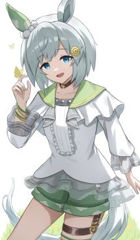 1girl absurdres animal_ears blue_eyes breasts brown_choker bug butterfly choker collarbone commentary_request ear_covers flower green_sailor_collar green_shorts grey_hair hair_between_eyes hair_flower hair_ornament hairclip highres horse_ears horse_girl horse_tail insect long_sleeves looking_at_viewer open_mouth sailor_collar seiun_sky_(reeling_in_the_big_one)_(umamusume) seiun_sky_(umamusume) shirt short_hair shorts single_ear_cover small_breasts smile solo sunflower sunflower_hair_ornament tail thigh_strap umamusume utd_(ponzu_supai) white_shirt