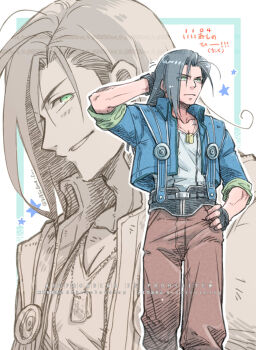 1boy 80850love_fu arm_behind_head black_gloves black_hair blue_jacket brown_pants closed_mouth cowboy_shot dated dog_tags final_fantasy final_fantasy_viii fingerless_gloves gloves green_eyes hand_on_own_hip highres jacket laguna_loire long_hair male_focus multiple_views pants parted_lips solo tank_top upper_body white_tank_top