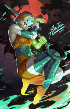 1girl ancient_greek_clothes asymmetrical_arms barefoot black_sclera blonde_hair bone colored_sclera dress glowing_arm greco-roman_clothes green_arm green_lips hades_(series) hades_2 highres holding holding_sickle laurel_crown melinoe_(hades) mismatched_sclera orange_dress rim_jims see-through_body sickle skeletal_arm