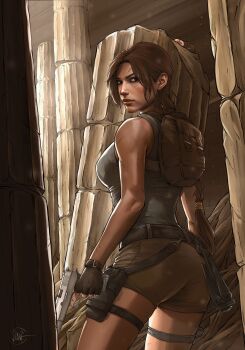 1girl backpack bag broken_pillar brown_bag brown_eyes brown_gloves brown_hair brown_shorts commentary english_commentary fingerless_gloves gloves grey_tank_top gun highres holding holding_gun holding_weapon holster illyne_cosplay lara_croft long_hair looking_at_viewer looking_back ponytail ruins short_shorts shorts signature solo standing tank_top thigh_holster tomb_raider weapon