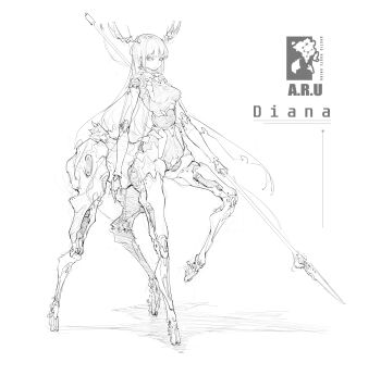 1girl absurdres antlers breasts cape cdlo centaur character_name cyborg diana_(pgr) emblem full_body greyscale highres holding holding_polearm holding_weapon horns joints long_hair looking_at_viewer mechabare mechanical_horns medium_breasts monochrome polearm punishing:_gray_raven robot_girl robot_joints see-through_cape sideways_glance simple_background solo taur weapon
