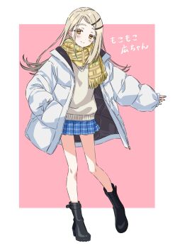 1girl black_boots blonde_hair blue_skirt blush boots brown_sweater_vest closed_mouth coat colored_eyelashes commentary_request cosplay earrings flipped_hair full_body gakuen_idolmaster gradient_hair grey_hair hair_ornament hairclip hand_in_pocket highres idolmaster jewelry kousuke0912 long_hair looking_at_viewer miniskirt multicolored_hair open_clothes open_coat orange_eyes outstretched_arm parallel_hairclips parted_bangs pink_background plaid_clothes plaid_skirt pleated_skirt scarf school_uniform shinosawa_hiro shinosawa_hiro_(cosplay) simple_background skirt smile solo split_mouth standing standing_on_one_leg stud_earrings sweater_vest translation_request two-tone_background white_background white_coat winter_clothes winter_coat yellow_scarf zipper