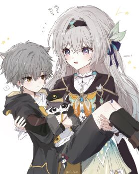 Rule 34 | 1boy, 1girl, ?, ??, age difference, aged down, aqua dress, black hairband, black jacket, black shorts, black socks, blue ribbon, blush, caelus (honkai: star rail), carrying, collared dress, dress, english text, firefly (honkai: star rail), flying sweatdrops, gradient eyes, green pupils, grey hair, hair between eyes, hair ornament, hair ribbon, hairband, highres, honkai: star rail, honkai (series), hsr shiro, jacket, kneehighs, multicolored eyes, neckerchief, open clothes, open jacket, open mouth, orange neckerchief, princess carry, raccoon, ribbon, shirt, shorts, simple background, socks, star (symbol), stuffed animal, stuffed toy, sweatdrop, teenage girl and younger boy, trailblazer (honkai: star rail), twitter username, two-tone eyes, wavy mouth, white background, white shirt