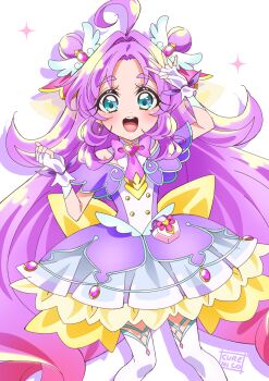 Rule 34 | 1girl, :d, ahoge, akechi anna, back bow, blue eyes, bow, brooch, commentary request, cowboy shot, cure answer, cure nico, dot nose, double bun, dress, earrings, fingerless gloves, gloves, gradient hair, hair bun, hair flaps, hair intakes, hair ornament, heart, heart brooch, heart in eye, highres, jewelry, large bow, layered dress, legs apart, long hair, looking at viewer, magical girl, meitantei precure!, multicolored hair, open mouth, pink hair, precure, purple bow, purple dress, purple gloves, purple hair, purple theme, shadow, sidelocks, signature, simple background, smile, solo, standing, symbol in eye, thighhighs, white background, white thighhighs, yellow bow