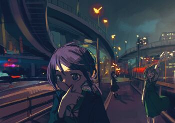 3girls absurdres arm_up blood city closed_mouth commentary_request dress elevated_highway green_dress highres highway kareido_(kaleidoscope) lamppost multiple_girls night nosebleed open_mouth original outdoors overpass purple_hair sailor_collar standing wiping_blood