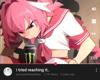 1boy absurdres astolfo_(fate) astolfo_(sailor_paladin)_(fate) astolfo_monster_cosplay_(meme) blurry blurry_background braid braided_ponytail can commentary cropped_shirt english_commentary english_text fate_(series) hair_between_eyes hair_intakes highres indoors khyle. long_hair looking_down male_focus meme monster_energy multicolored_hair neckerchief photo_background pink_hair pink_neckerchief pink_sailor_collar pink_skirt sailor_collar sexually_suggestive shirt short_sleeves skirt streaked_hair thighhighs tongue tongue_out trap very_long_hair white_shirt white_thighhighs