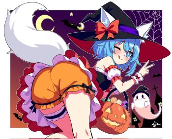 1girl ;q adapted_costume animal_ear_fluff animal_ears ass bare_legs bare_shoulders basket bat_(animal) bent_over black_dress black_hat black_nails bloomers blue_eyes blue_hair blush blush_stickers border bow breasts candy closed_mouth commentary corrupted_twitter_file crescent crescent_moon detached_sleeves double-parted_bangs dress english_commentary feet_out_of_frame food frilled_dress frilled_sleeves frilled_thigh_strap frills from_behind furry furry_female ghost glowing glowing_eyes gradient_sky hair_between_eyes halloween halloween_bucket hand_up hat hat_bow hat_ribbon highres holding holding_basket indie_virtual_youtuber jack-o&#039;-lantern lgcrx lollipop looking_at_viewer looking_back medium_breasts moon multicolored_dress nail_polish one_eye_closed orange_bloomers orange_bow orange_dress orange_sky outdoors outline outside_border petticoat puffy_detached_sleeves puffy_sleeves purple_ribbon purple_sky ribbon short_hair signature sky smile solo spider_web_background split_mouth star-shaped_pupils star_(symbol) sweets swirl_lollipop symbol-shaped_pupils tail thigh_strap tongue tongue_out two-tone_background two-tone_dress underwear v virtual_youtuber white_border white_sleeves white_tail white_wrist_cuffs witch witch_hat wolf_ears wolf_girl wolf_tail wolfychu wrist_cuffs