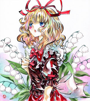 1girl back_ribbon black_shirt blonde_hair blush bow bowtie breasts collar flower hair_ribbon highres kabaji lace_trim lily_of_the_valley medicine_melancholy medium_hair parted_lips puffy_sleeves red_bow red_ribbon red_skirt ribbon shikishi shirt skirt solo touhou traditional_media upper_body white_background white_collar white_ribbon