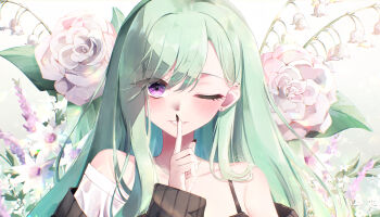 1girl bare_shoulders black_nails bra_strap commentary ear_piercing earrings elphe english_commentary finger_to_mouth fingernails floral_background flower green_hair highres index_finger_raised jewelry long_fingernails long_hair looking_at_viewer nail_polish necklace one_eye_closed piercing portrait purple_eyes shushing signature solo stud_earrings virtual_youtuber vspo! yakumo_beni yakumo_beni_(5th_costume)