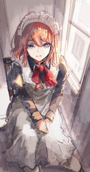 1girl apron blue_eyes bow commentary english_commentary expressionless highres hisui_(tsukihime) japanese_clothes koromoya looking_at_viewer maid maid_headdress own_hands_together red_bow red_hair sitting tsukihime wa_maid white_apron window