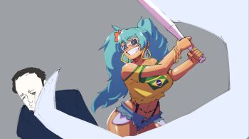 1boy 1girl alternate_breast_size_(larger) baseball_bat black_hair blue_hair brazilian_flag brazilian_miku brazilian_twitter_ban breasts commentary cosmikaizer cropped_shirt dark-skinned_female dark_skin denim denim_shorts earrings elon_musk english_commentary grey_background hatsune_miku hitting holding holding_baseball_bat jewelry medium_breasts midriff mole mole_under_mouth navel parted_lips real_life shirt short_shorts shorts smile sunglasses suspenders swinging twintails vocaloid yellow_shirt