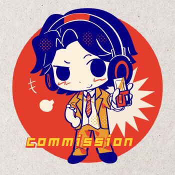 Rule 34 | 1boy, 2786867956wuyu, animification, closed mouth, collared shirt, commentary, commission, curtained hair, diagonal-striped clothes, diagonal-striped necktie, full body, hand on own hip, hand up, headphones, holding, houjou emu, kamen rider, kamen rider ex-aid (series), lapels, male focus, necktie, notched lapels, outstretched arm, pants, rider gashat, shirt, short hair, sleeves rolled up, smile, solo, standing, striped clothes