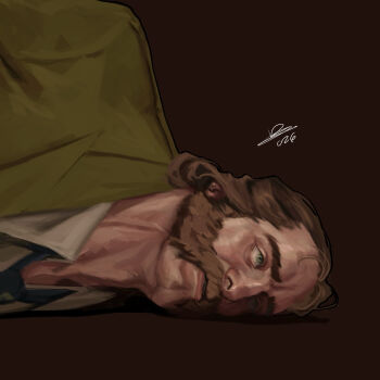 1boy aegyo_sal blazer brown_hair collared_shirt commentary disco_elysium english_commentary facial_hair green_eyes green_jacket green_necktie hair_slicked_back harry_du_bois highres jacket looking_up lying male_focus mullet mutton_chops necktie nurve26 on_ground on_side painterly shirt solo upper_body white_shirt